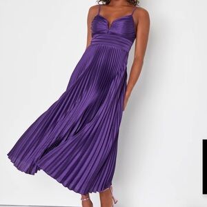 Fabulous Perfection Purple Satin Pleated Midi Dress